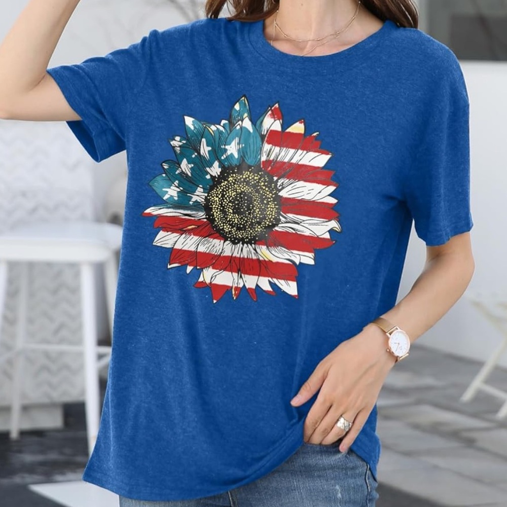 July 4th/ American Flag Sunflower Graphic Tee – Red White & Blue